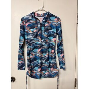 AXESEA Womens Long Sleeve Rash Guard Blue Pink Mountain Ruched Swim Shirt 10